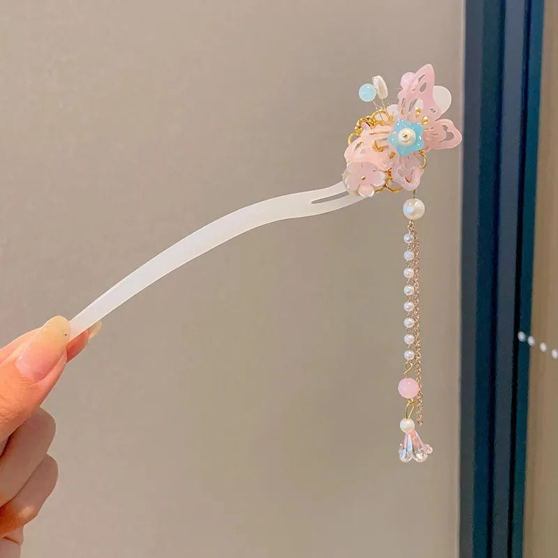 Chinese Floral Tassel Hair Clip — Enameled Alloy