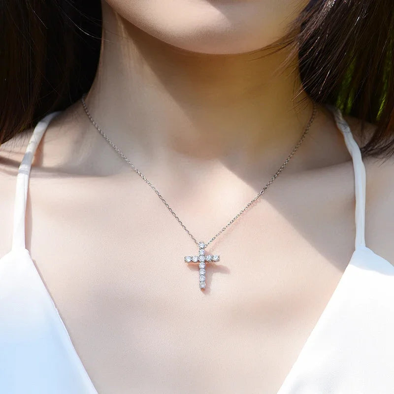 Moissanite Cross Pendant Necklace — 925 Silver, 18K Gold Plated