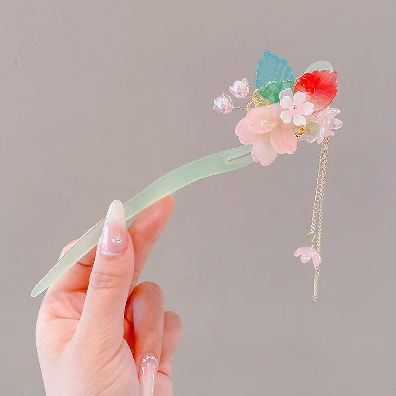 Chinese Floral Tassel Hair Clip — Enameled Alloy