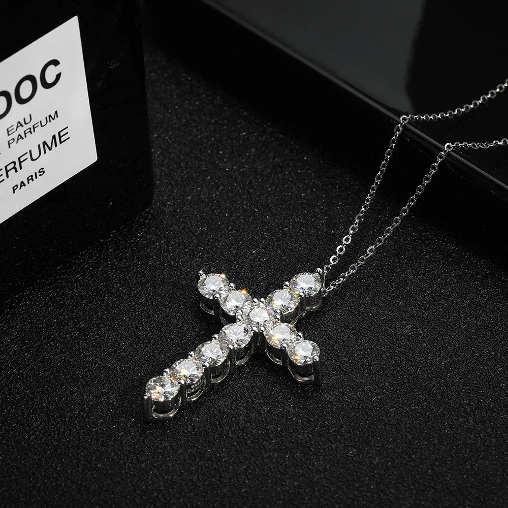 Moissanite Cross Pendant Necklace — 925 Silver, 18K Gold Plated