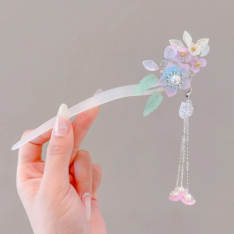 Chinese Floral Tassel Hair Clip — Enameled Alloy