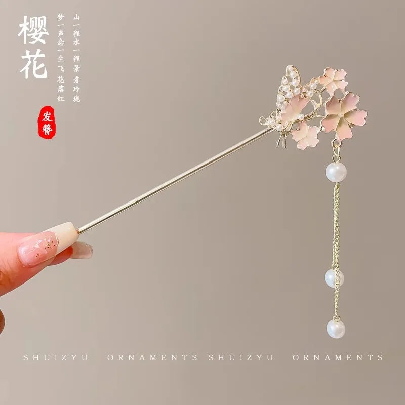 Chinese Floral Tassel Hair Clip — Enameled Alloy