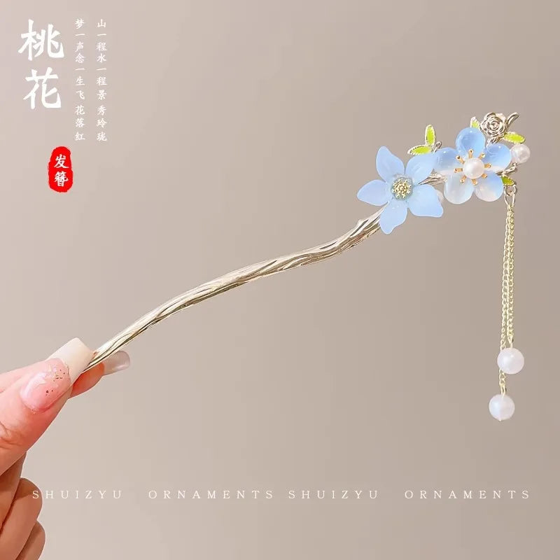 Chinese Floral Tassel Hair Clip — Enameled Alloy