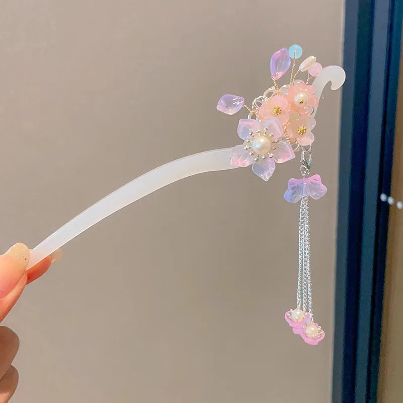 Chinese Floral Tassel Hair Clip — Enameled Alloy