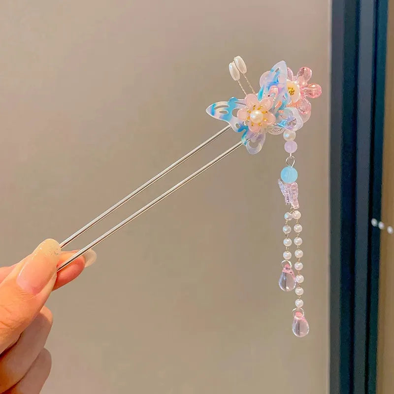 Chinese Floral Tassel Hair Clip — Enameled Alloy