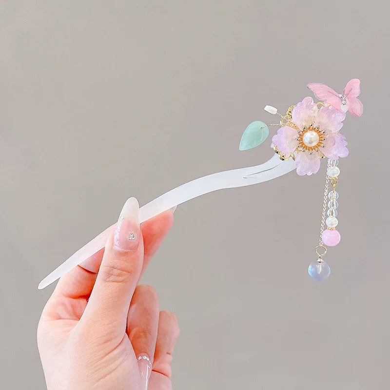 Chinese Floral Tassel Hair Clip — Enameled Alloy