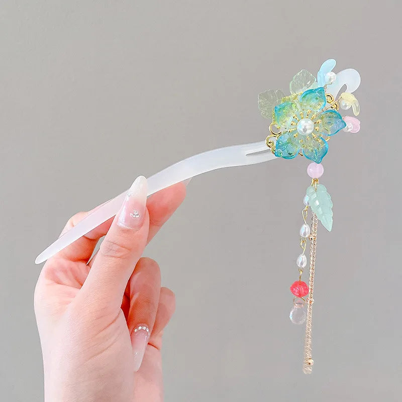 Chinese Floral Tassel Hair Clip — Enameled Alloy