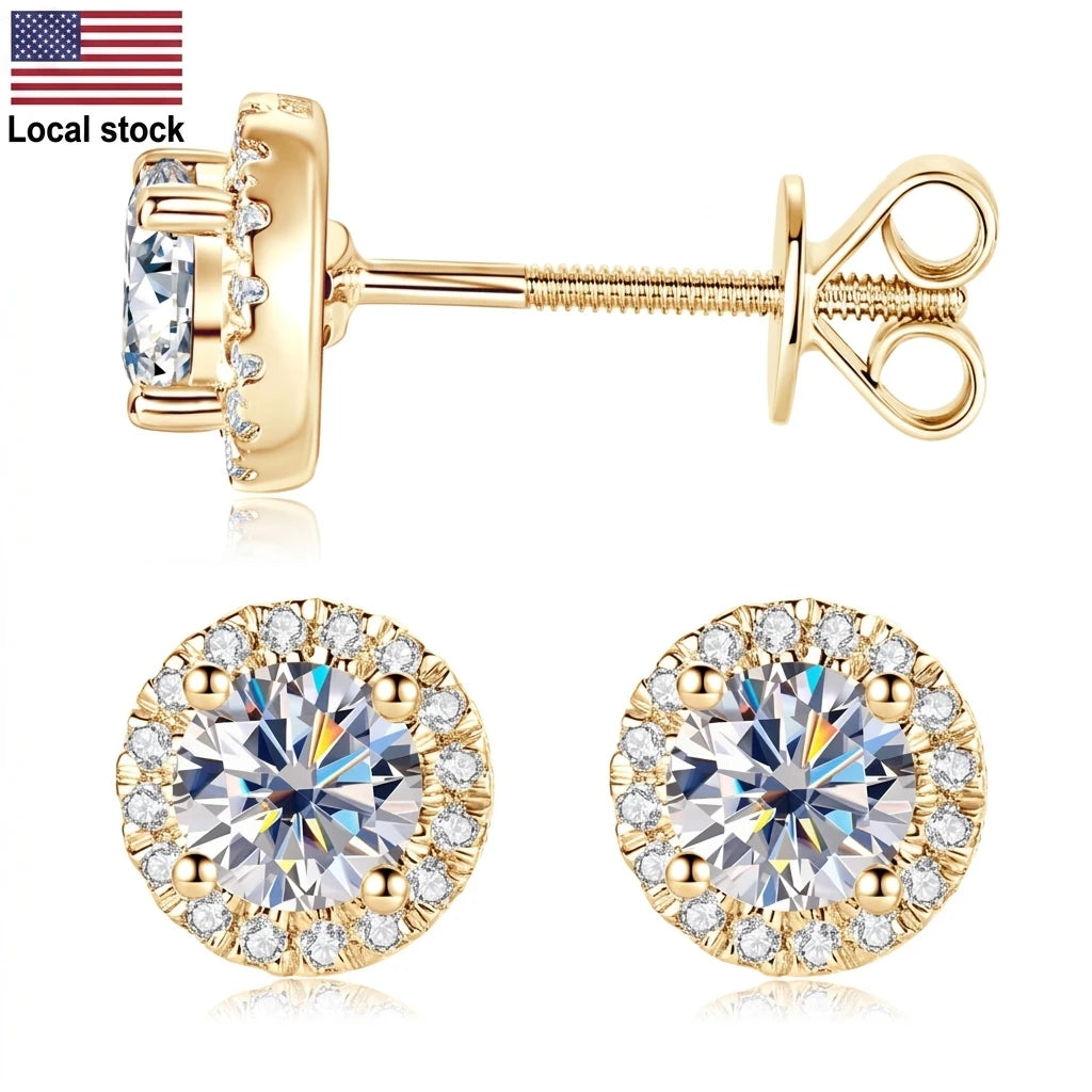 10K Solid Gold Moissanite Diamond Halo Stud Earrings Classic Surround Stone Style *Certified*