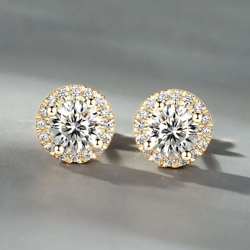 10K Solid Gold Moissanite Diamond Halo Stud Earrings Classic Surround Stone Style *Certified*