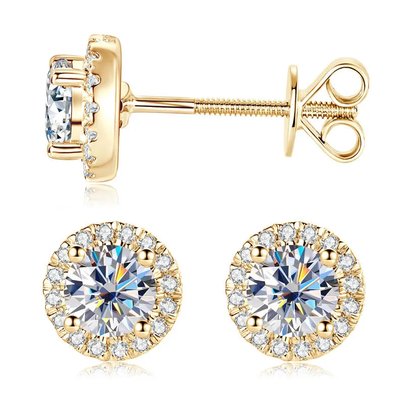 10K Solid Gold Moissanite Diamond Halo Stud Earrings Classic Surround Stone Style *Certified*