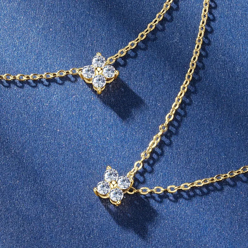 10K Solid Gold 0.06ct*4 Moissanite Diamond Pendant Necklace Four-Leaf Clover Style *Certified*