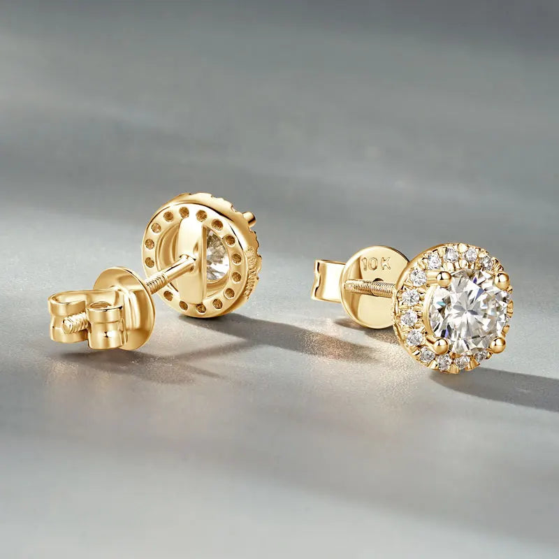 10K Solid Gold Moissanite Diamond Halo Stud Earrings Classic Surround Stone Style *Certified*