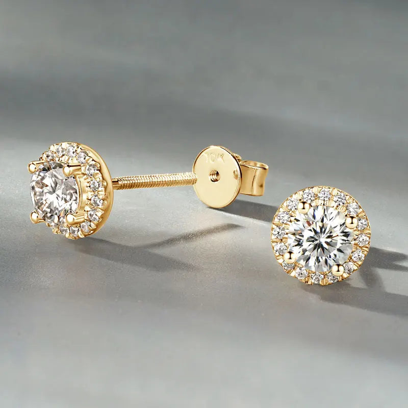 10K Solid Gold Moissanite Diamond Halo Stud Earrings Classic Surround Stone Style *Certified*