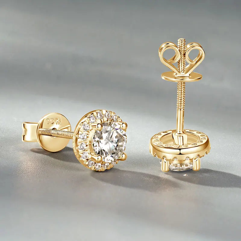10K Solid Gold Moissanite Diamond Halo Stud Earrings Classic Surround Stone Style *Certified*