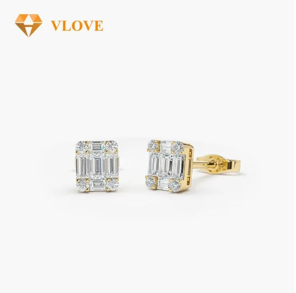 Lab Grown Diamond Mini Stud Earrings 10K Solid Gold Baguette Cut & Round Brilliant Cut *Certified*