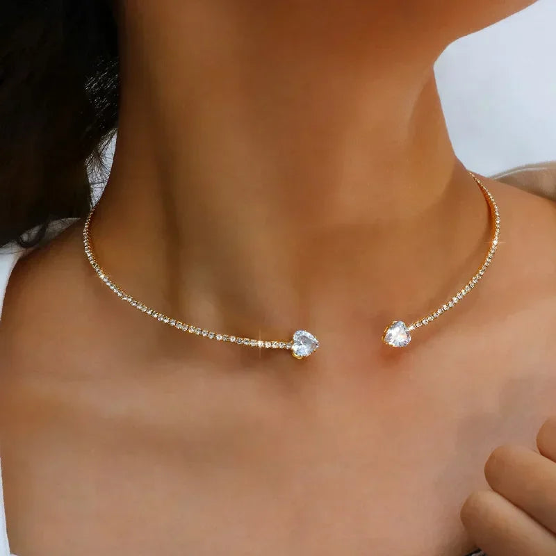 Rhinestone Heart Collar Choker Necklace - Simple Open Collar Necklace Torques Jewelry Accessories