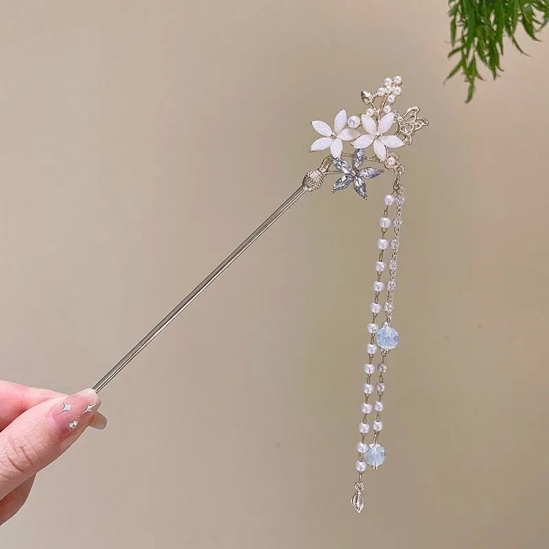 Chinese Floral Tassel Hair Clip — Enameled Alloy