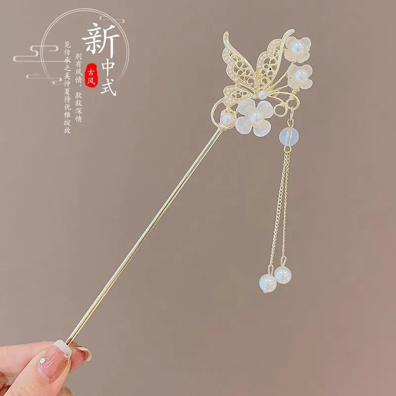 Chinese Floral Tassel Hair Clip — Enameled Alloy