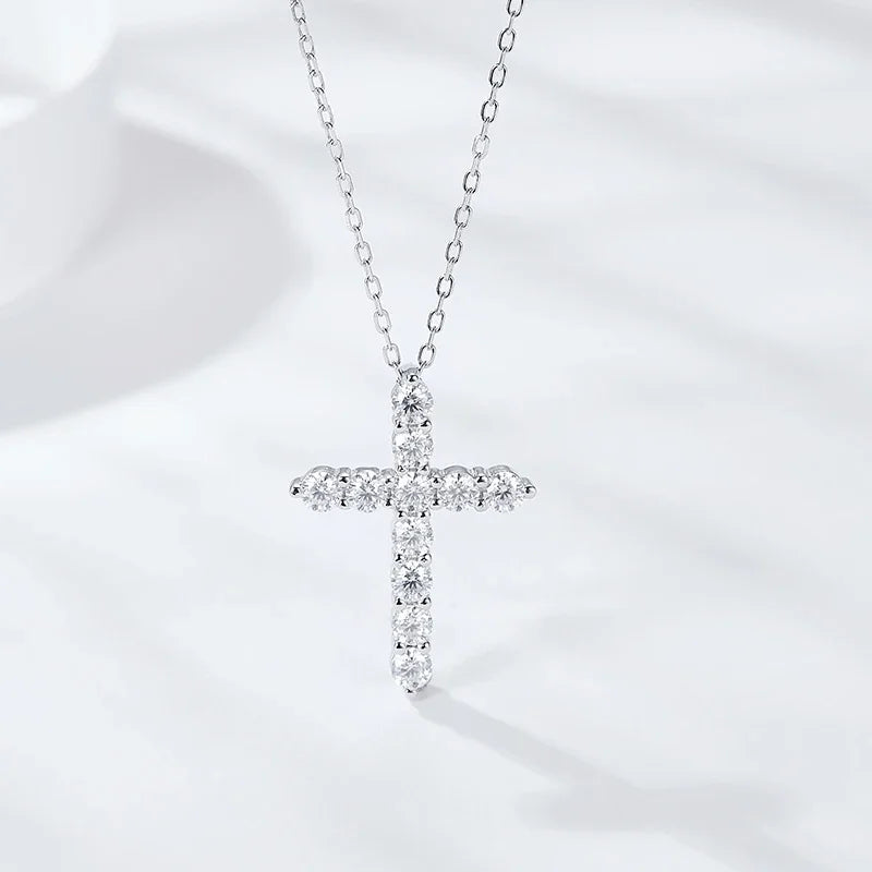 Moissanite Cross Pendant Necklace — 925 Silver, 18K Gold Plated